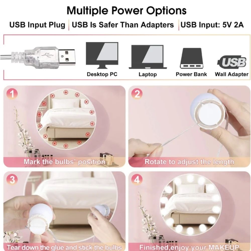 SNUNGPHIR Hollywood Style LED Vanity Lights, 22.6 ft Vanity Lights Kit Pink